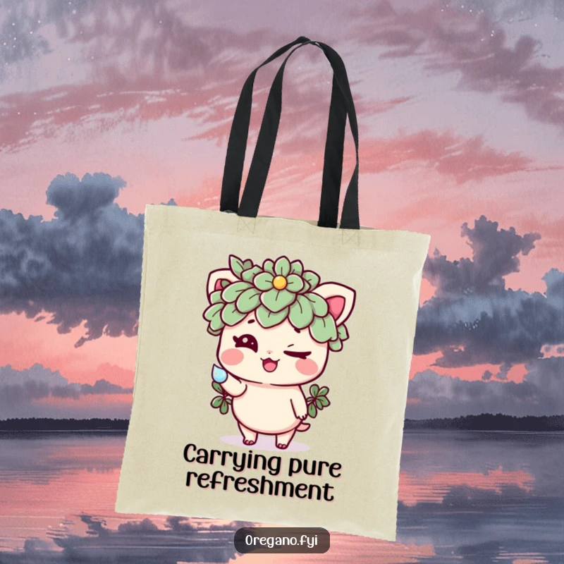 Funny tote bag featuring a mischievous oregano character winking and holding a sparkling dewdrop, a practical and humorous herb accessory.