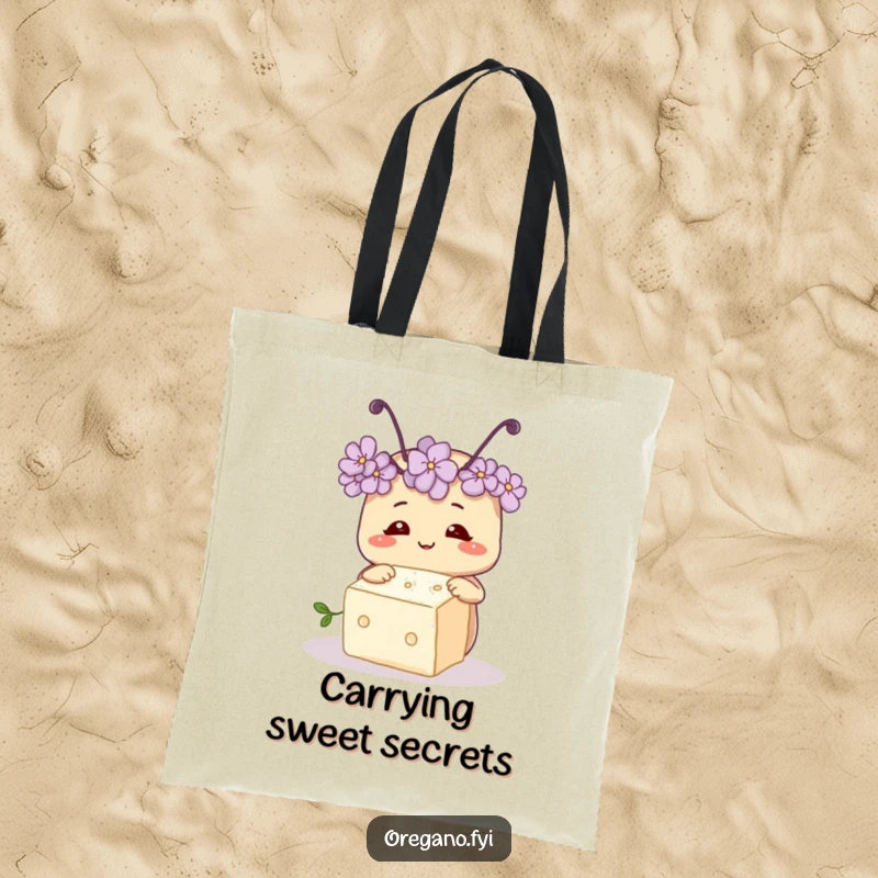 Funny tote bag with a smiling oregano herb sporting tiny antennae, curiously inspecting a sugar cube, ready for adventures.