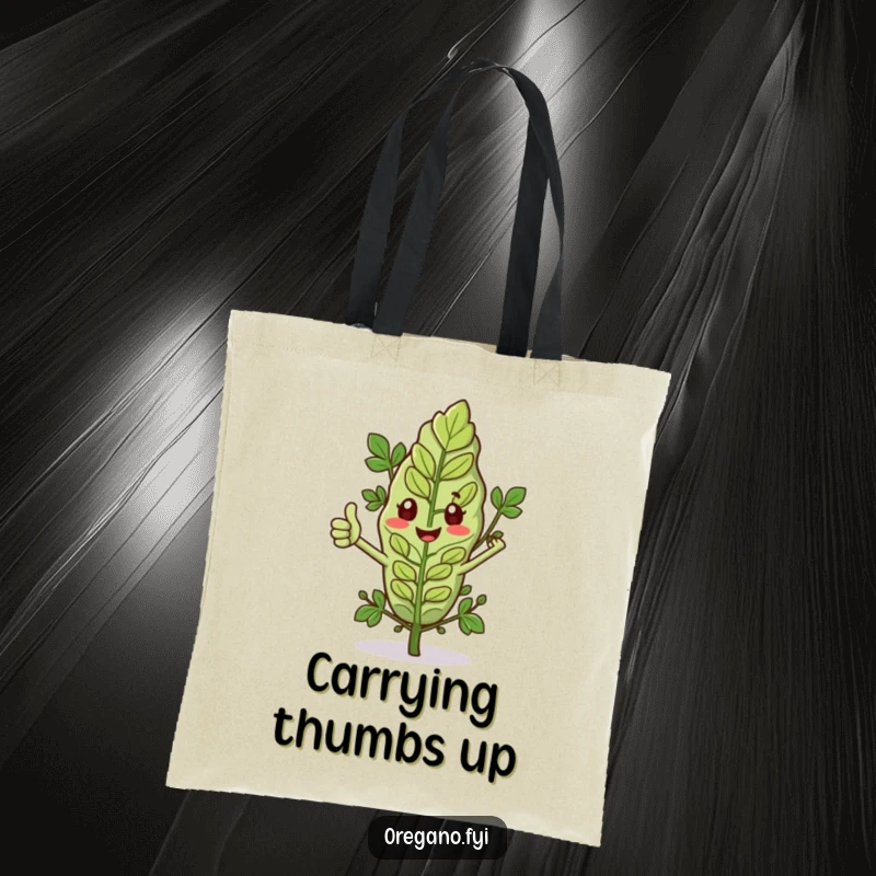 Funny tote bag with an oregano leaf and tiny arms giving a thumbs up, perfect for carrying items with positive vibes. Stylish accessory.