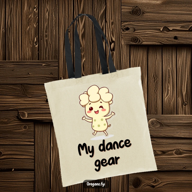 Funny tote bag with a smiling oregano character dancing joyfully, perfect for shopping with a humorous twist.