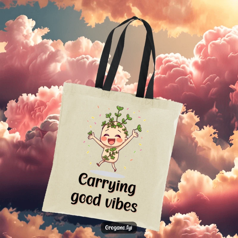 Funny oregano sprig dancing with confetti on a practical and festive tote bag.