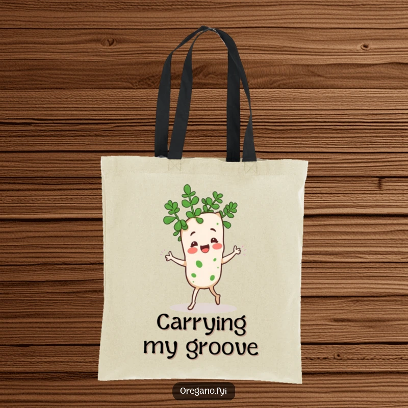 Funny Kawaii oregano sprig character doing a silly jig with its leaves, durable tote bag with lively and humorous theme, great for shopping.