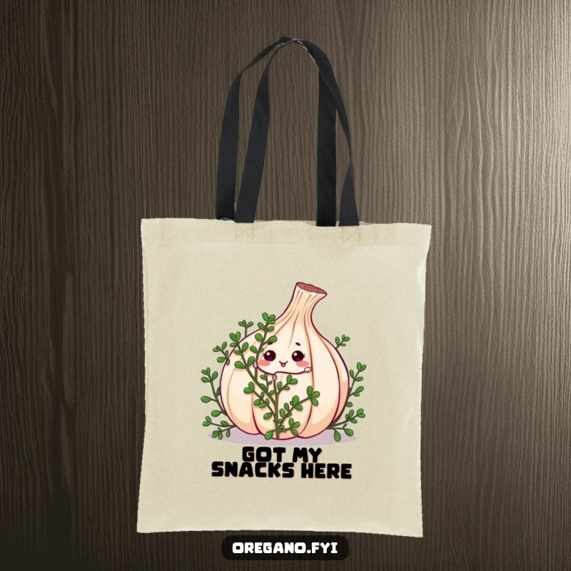 Funny kawaii oregano sprig character playfully hiding behind a giant garlic clove on a chic tote bag, revealing a fun secret.