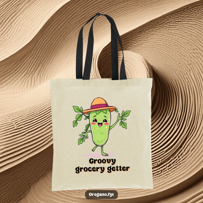 Funny tote bag designed with a Kawaii oregano leaf character in a lively and dramatic salsa dance pose.