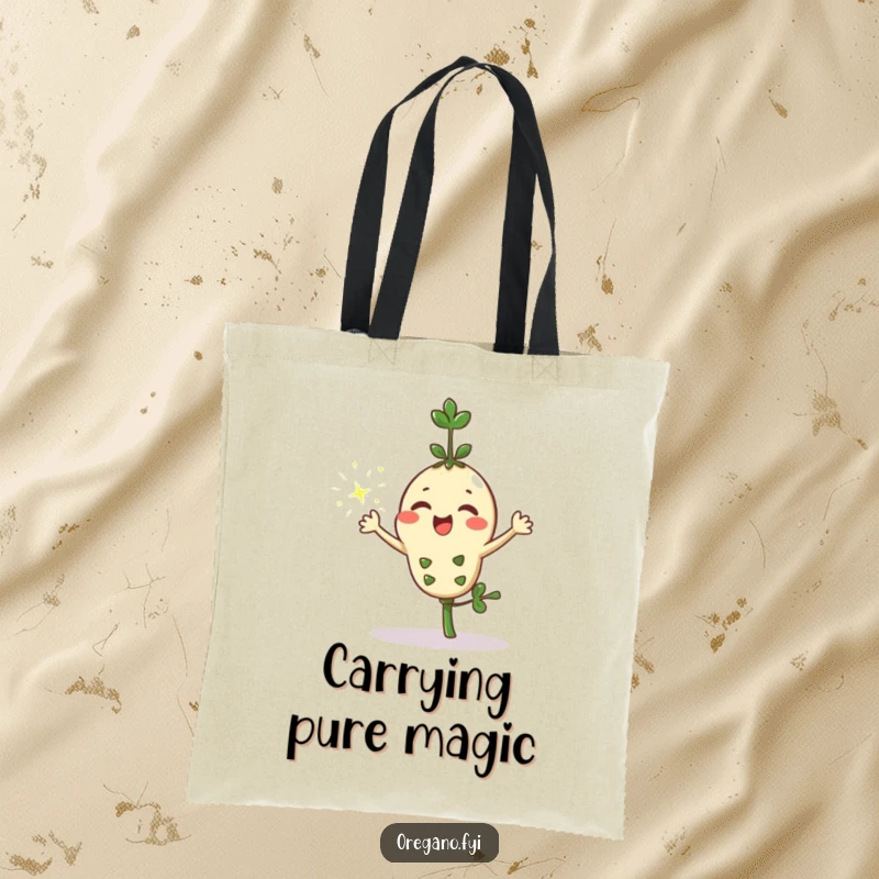 Funny kawaii oregano sprig character energetically sprinkling lustrous sparkles from its textured leaves on a stylish tote bag, a practical chic item.