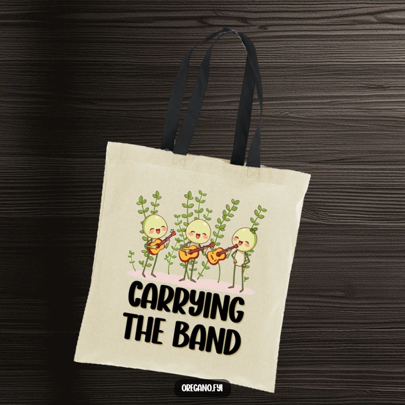 Funny tote bag featuring oregano sprigs happily harmonizing with leaf-shaped instruments, a whimsical and practical accessory for music fans.