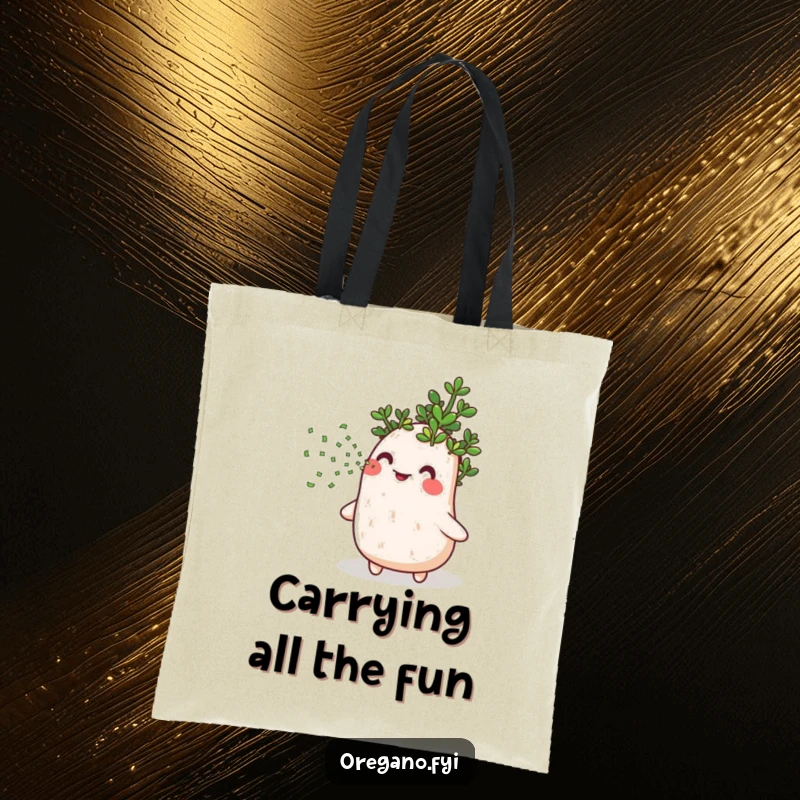 Funny tote bag featuring a jubilant oregano herb blowing a festive stream of tiny green confetti, ready for any adventure.