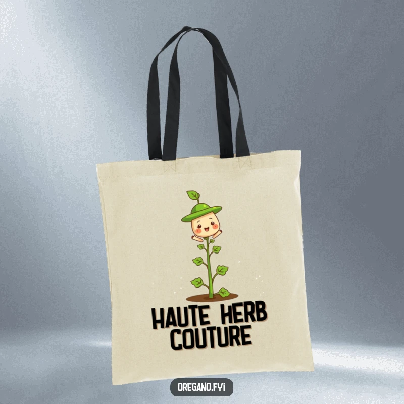 Funny tote bag with a cheerful oregano herb sporting a cute leaf hat on its stem, ready for shopping adventures.