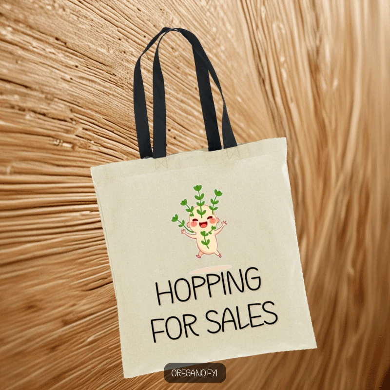 Funny tote bag with a joyful oregano sprig in mid-hop, perfect for carrying groceries with a dose of herbaceous energy. Stylish accessory.