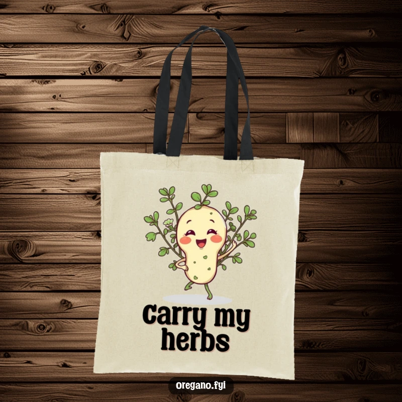 Funny tote bag featuring a smiling oregano sprig character doing a jaunty jig, ideal for grocery shopping with a side of herbal humor.