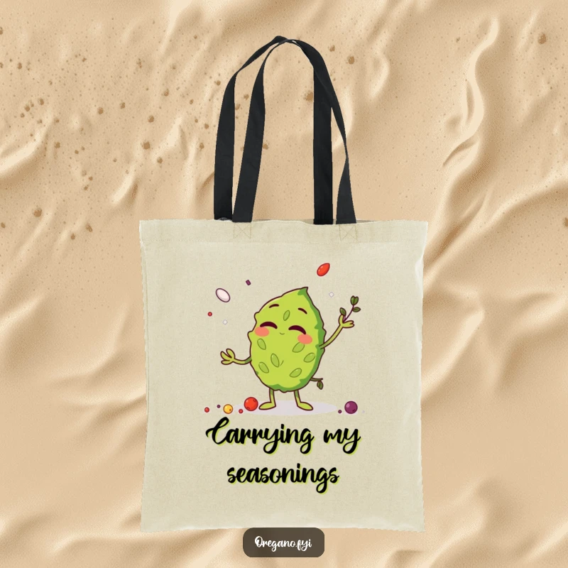 Funny Tote Bag with a giggling oregano leaf character juggling spices, a practical and humorous accessory for shoppers.