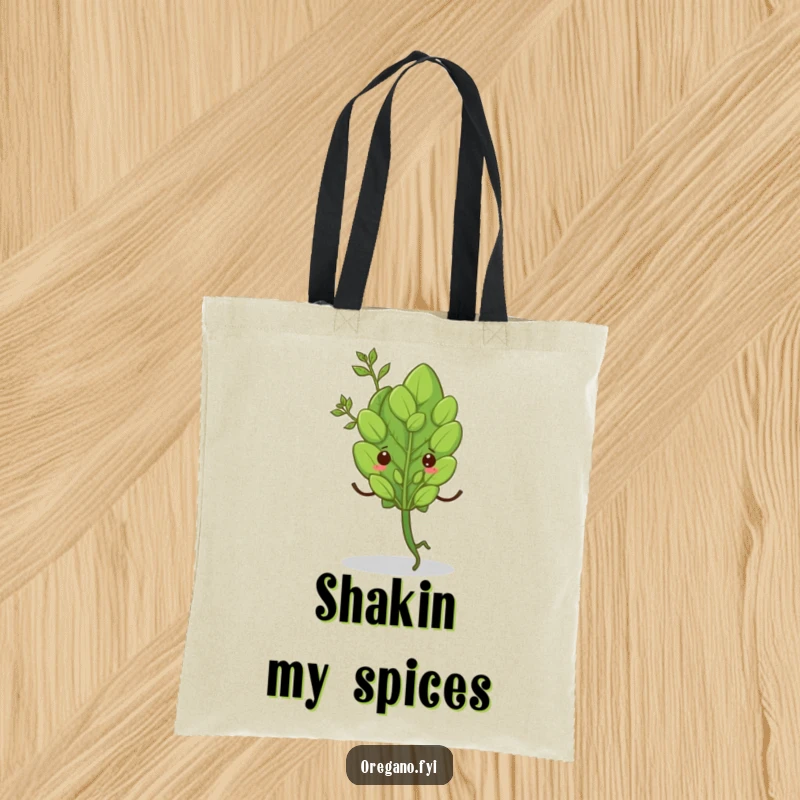 Funny tote bag with a single oregano leaf doing a happy shimmy dance, perfect for grocery shopping with flair. Stylish accessory.