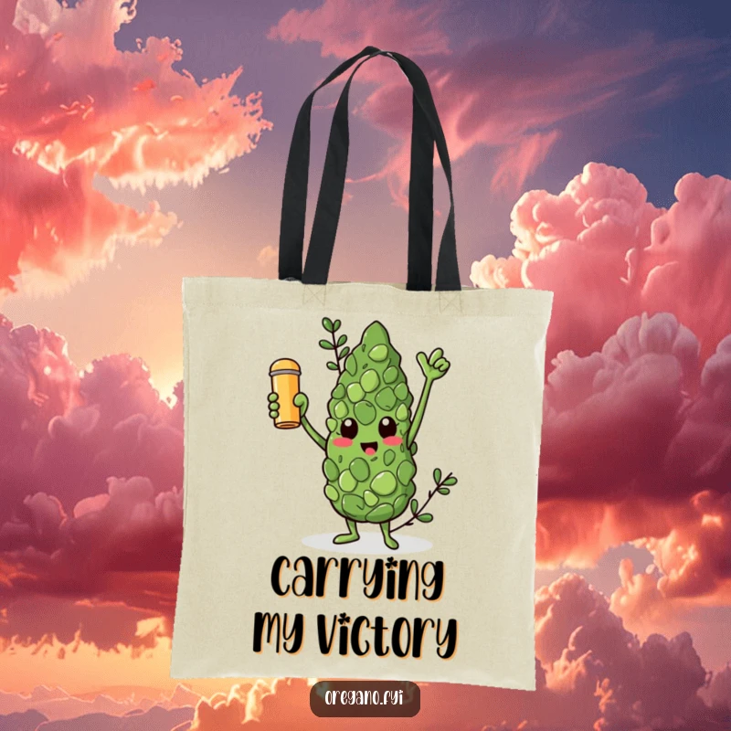Funny tote bag featuring a triumphant oregano leaf character holding a golden spice shaker, ready to season anything.