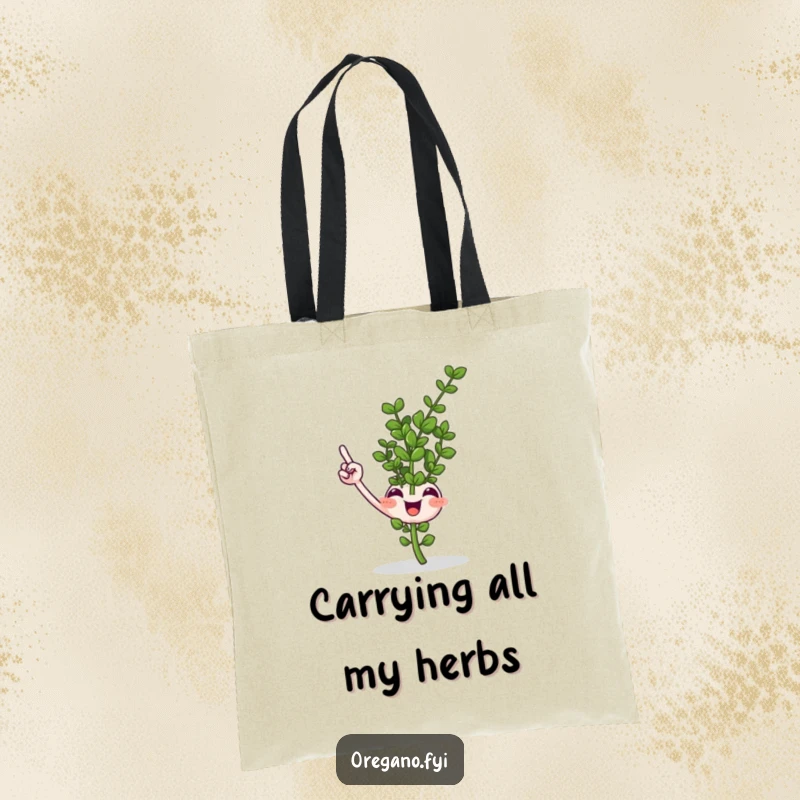 Funny smiling oregano sprig tote bag pointing upwards with a tiny leaf, stylish and humorous for market hauls.