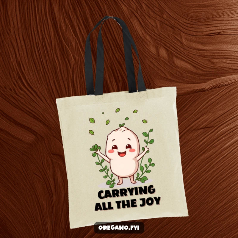 Funny oregano character smiling and tossing herb leaves on a practical and cheerful tote bag.