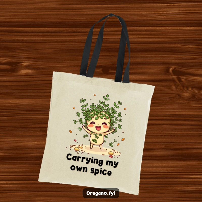 Funny Oregano Tote Bag: A scattering kawaii oregano sprig joyfully tosses imaginary spices, a stylish and fun grocery companion.