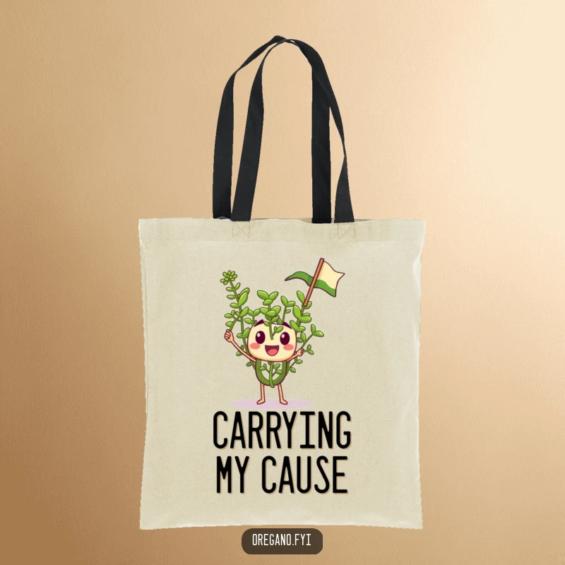 Funny tote bag with a tiny oregano sprig character enthusiastically waving a miniature flag, perfect for carrying joy.