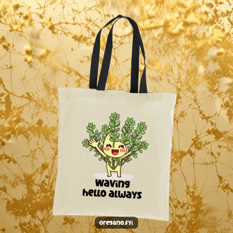 Funny tote bag with a smiling oregano herb enthusiastically waving its fronds, perfect for carrying essentials with cheer.