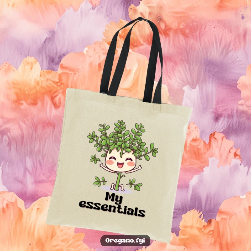 Funny tote bag with a cheerful oregano character wiggling its leaves, perfect for grocery shopping with a humorous twist.
