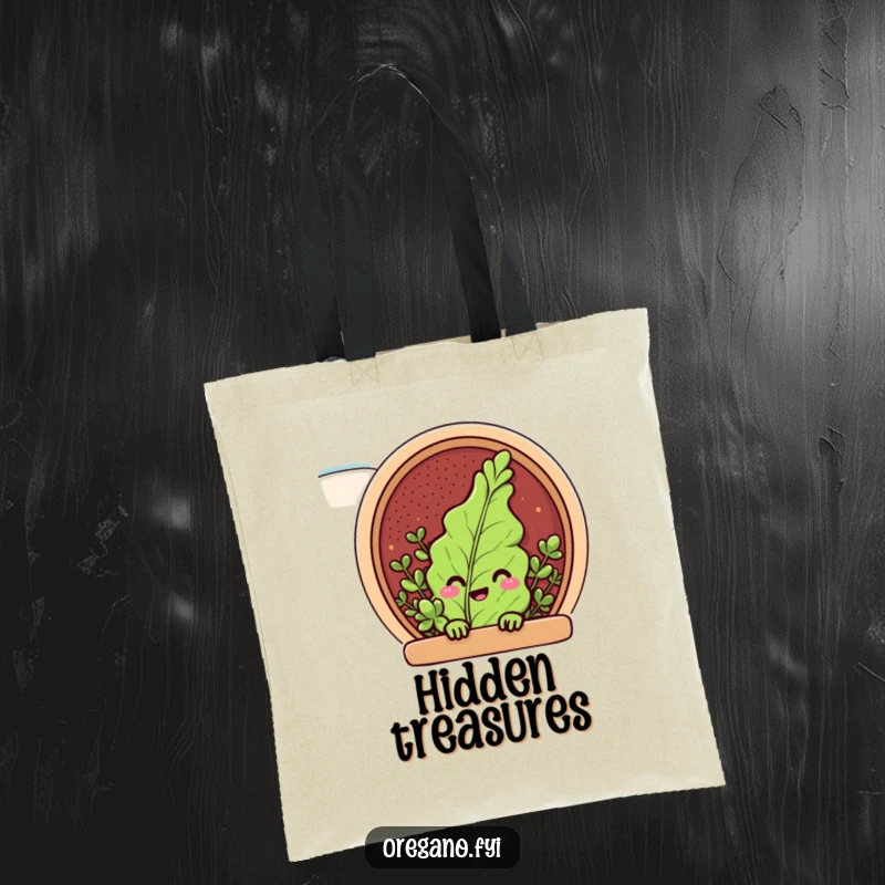 Funny tote bag featuring an oregano leaf character peeking from a spice rack, a charming and humorous accessory.