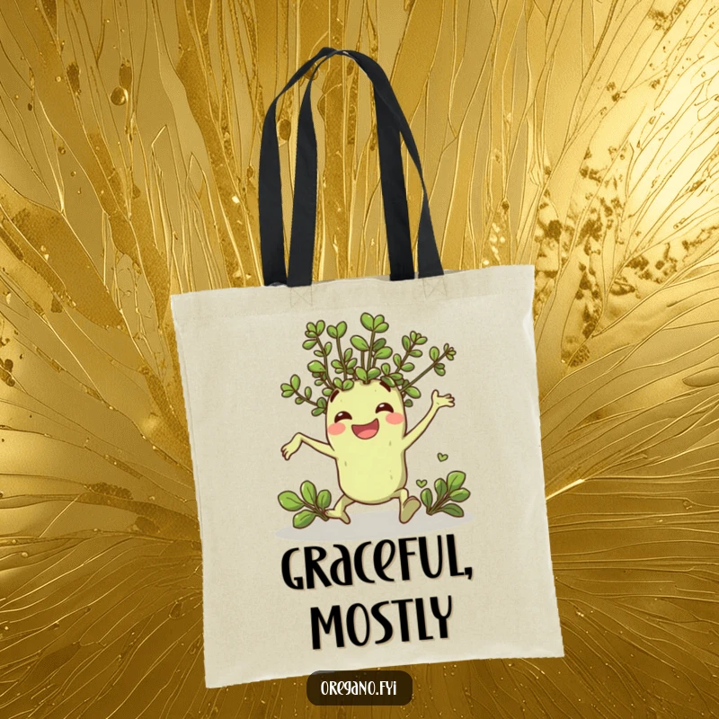 Funny tote bag with a cheerful oregano sprig character comically tripping and landing with a smile, carrying laughter everywhere.