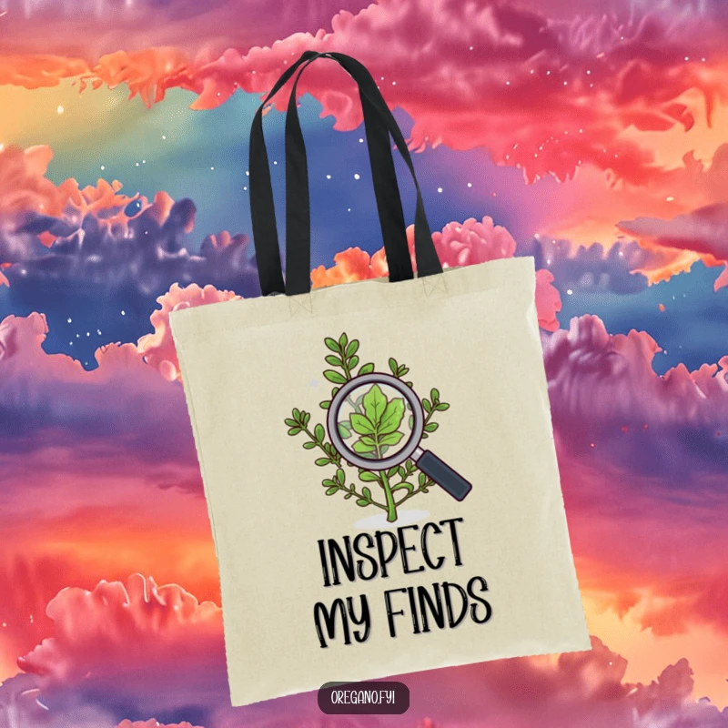 Funny tote bag with an oregano sprig using a magnifying glass to inspect a single leaf closely.