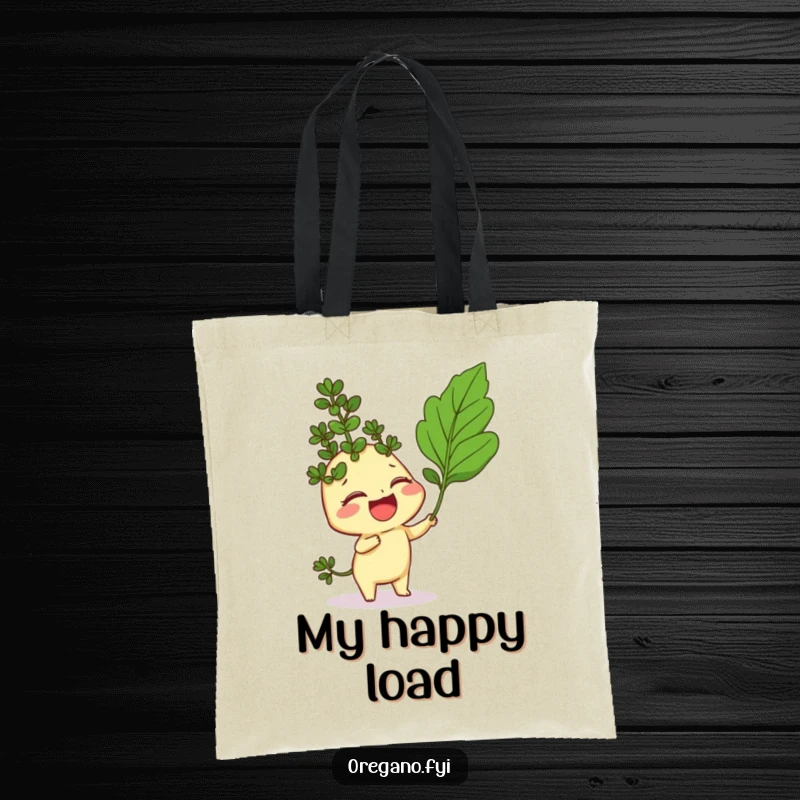 Funny tote bag with a giggling oregano sprig character being playfully tickled by a curry leaf, carrying amusement.