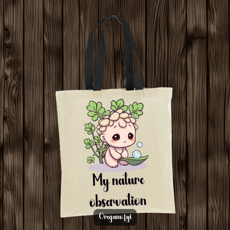 Funny Oregano tote bag, a curious herb character examining a dewdrop on a leaf, perfect for carrying discoveries and essentials. A nature-themed gift.