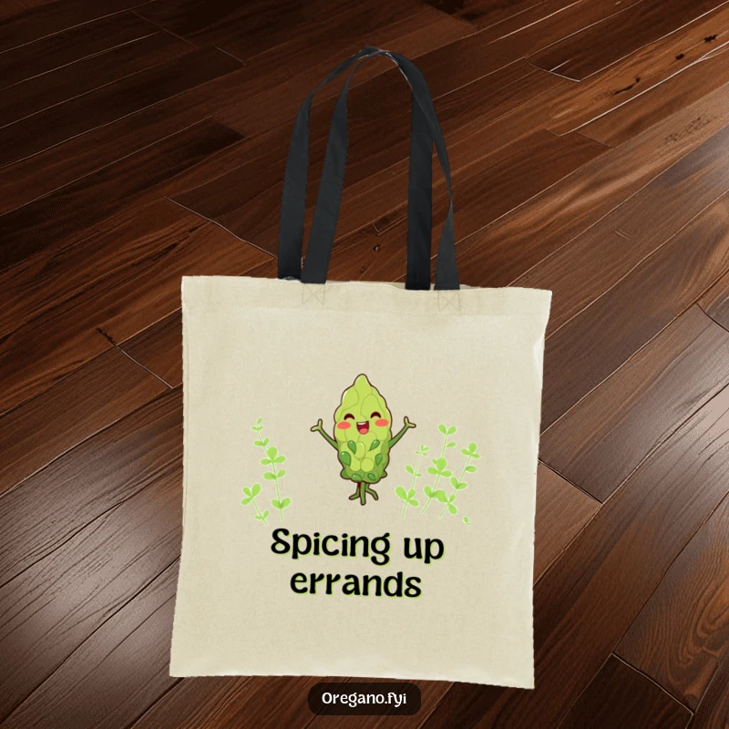Funny kawaii oregano leaf tote bag, joyfully dancing with tiny arms, stylish and humorous for everyday use.