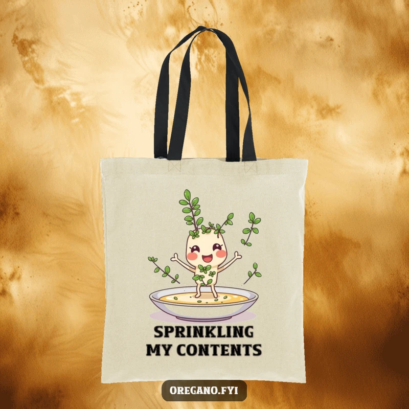 Funny tote bag featuring a cheerful oregano sprig character with tiny legs joyfully sprinkling itself onto a dish, a charming culinary accessory.